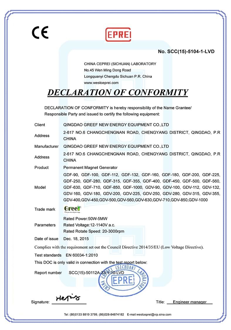 China Qingdao Greef New Energy Equipment Co., Ltd Certification